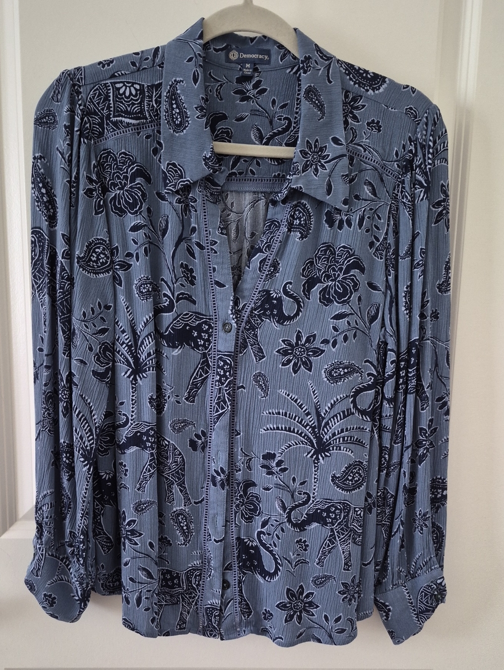 Democracy Blue Paisley & Elephant Print Button-Up Blouse